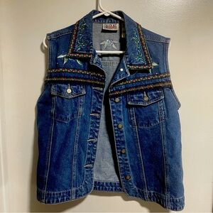 Vintage Bill Blass Denim Vest Floral Embroidery Rhinestones Women Medium